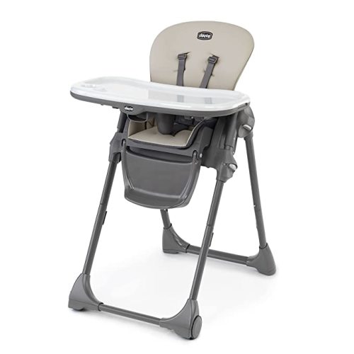 Chicco Polly Space-Saving Foldable High Chair with Easy-Clean Seat Pad, High Chair for Babies and Toddlers with Multi-Position Recline and Height Adjustment, for Children up to 40 lbs. | Taupe/Beige