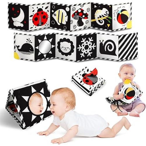 Tummy Time Toys, High Contrast Baby Book with Mirror & Teether, Black and White Infant Books, 0-6-12 Months Soft Book for Newborn, Sensory Books, Tummy Time Car Seat Toys 0-6 Month Boy Girl Gift