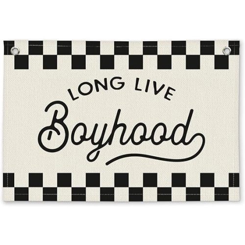 Long Live Boyhood Black and White Checkered Boys Room Decor - Linen Banner Wall Hanging Canvas Banner Flag Decor for Toddler Boy Bedroom Nursery Playroom