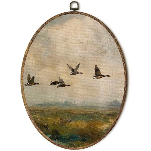 laveliabel Vintage Farmhouse Duck Oval Canvas Art Wall Decor, Rustic Flying Duck Framed Canvas Prints, Country Landscape Farm Animal Oval Hanging Wall Decor for Home Bedroom Room, 8.5x11.5 Inches