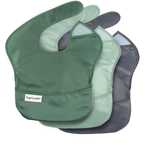 Tiny Twinkle Mess-Proof Baby Bib - Waterproof Bib for Baby Boy or Girl - Machine Washable - Adjustable Closure - PVC, BPA, & Phthalate Free - Great for Travel - Baby Food Bibs (3 Pack, Olive. Slate)