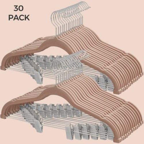 30-Pack Pants Hangers, 16.7-Inch Long Velvet Hangers with Adjustable Clips, Heavy-Duty Pale Brown
