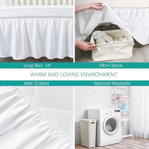 Crib Bed Skirt 28” x 52” with 14” Drop Pleated Dust Ruffle for Baby Boys Girls Elastic Adjustable Fit Toddler Bedskirt Easy On/Off Soft Nursery Standard Crib Bedding Skirts Solid White Crib Skirt