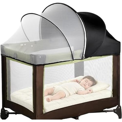 Pack N Play Tent Cover - Half-Blackout Mosquito Net for Crib & Playpen, Baby Bassinet Cover for Cats with 2-Way Zipper, Sun-Blocking Bug Net for Travel Crib (Black-Large)