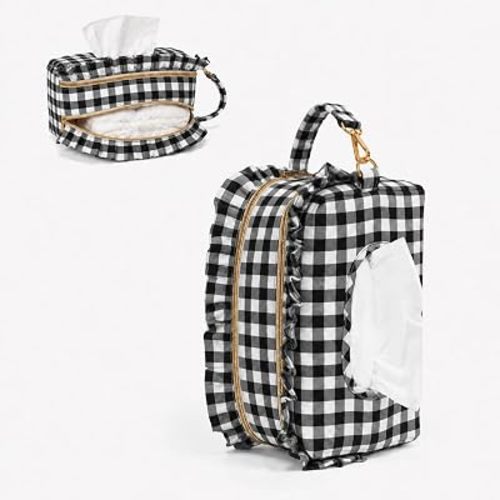 Double-Layer Wipe Holder Quilted Wipes Bag Small Hanging Diaper Bag Portable Wipe Pouch for Stroller, Home, Travel (Black Gingham)