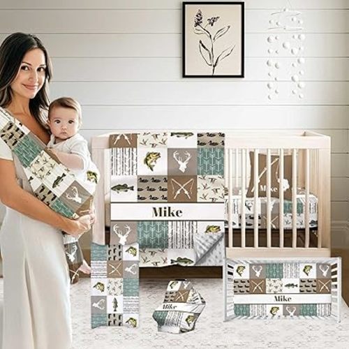 Custom Baby Crib Bedding Sets, 2 Piece Personalized Name Hunting Them Baby Bedding Set, Minky Dot Blanket & Fitted Sheet, Soft Infant Newborn Nursery Bedding Gift for Boys Girls