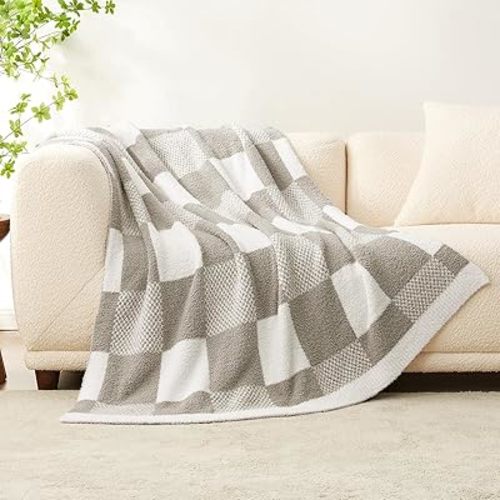 Snuggle Sac Checkered Blanket, Grey Throw Blanket for Couch Checker Microfiber Fluffy Warm Fuzzy Cozy Soft Throw Blanket Reversible Checkered Blankets for Sofa, Chair, Bed, 60x80 inches