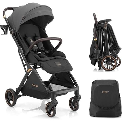 Gravity Folding Baby Stroller - Portable Travel Toddler Stroller w/Adjustable Backrest, Canopy, Footmuff & Cup Holder, Lightweight and UV Protected, One-Hand Automatic Folding - Dark Gray