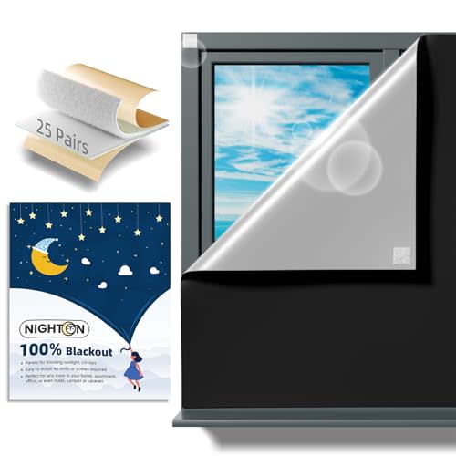 NIGHTON Portable Blackout Curtains 35"×59" Strong Hook&Loop Tape Strips with Adhesive,Black Out Shades That can be Cut,100% Blackout Material Blackout Blinds for Baby Nursery or Travel-Black 2Pack-01