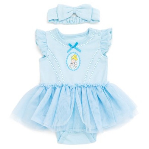 Disney Princess Cinderella Newborn Baby Girls Cosplay Bodysuit With Skirt Overlay & Headband Outfit Set Pastel Blue 3-6 Months