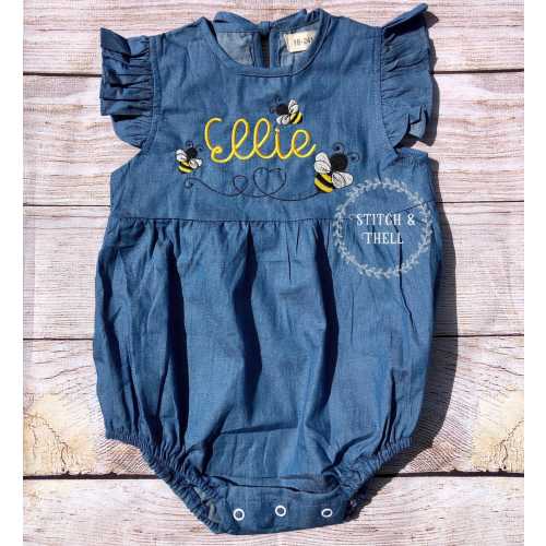 Personalized BUMBLE BEE Denim Bubble Romper, Bumble Bee Denim Bubble Romper, Personalized  Romper, Baby Name Romper, Girls Bubble Romper