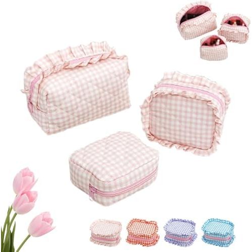 3PC Ruffle Pouch Bag, Plaid Quilted Makeup Bags Set for Travel, Gingham Pouch, Mini Quilted Cosmetic Pouch,Small PlaidQuilted Makeup Bags Set for Travel (Pink)