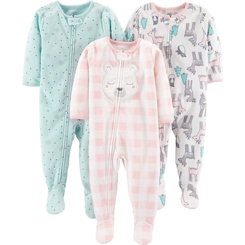 Simple Joys by Carter's Toddlers and Baby Girls' Loose-Fit Flame Resistant Fleece Footed Pajamas, Pack of 3