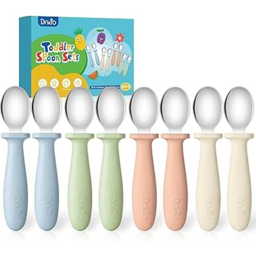 DRKIO 8 PCS Toddler Spoons Set - Baby Spoons with Silicone Handle Children safe 18/8 Stainless Steel Toddler Utensils Set for Self Feeding Kids Silverware Anti-Choke Design Food Grade Dishwasher Safe