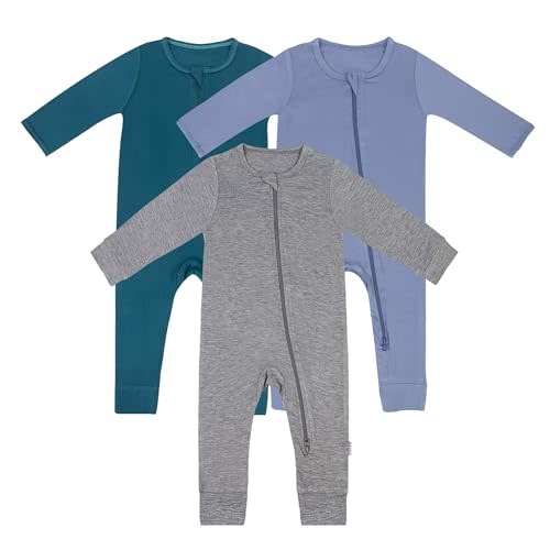 Bamboo Rayon Unisex Baby Footless Long Sleeve Romper Sleepers | 97% Bamboo Rayon 3% Spandex, tagless tag, 2-way front zipper, 3-pack unisex set all-season baby pajamas jumpsuit