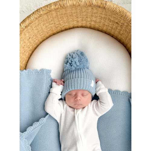 Knitted Pom Beanie | Blue – Little and Fern