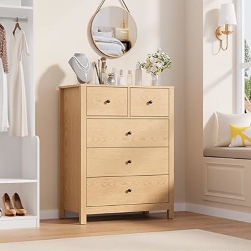 IDEALHOUSE Natural Oak Dresser for Bedroom, Tall 5 Drawer Dresser with Deep Drawers & Metal Knobs, Modern Wooden Double Chests of Drawers for Kids Bedroom, Entryway, Hallway