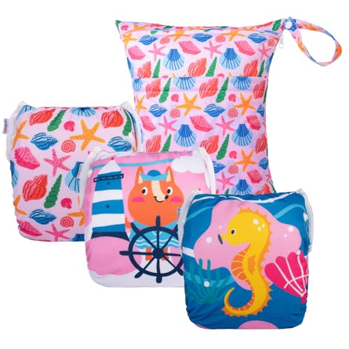 ALVABABY 3pcs Large Baby Swim Diapers with 1pcs Wet Bag Reuseable Washable & Adjustable for Swimming Lesson & Baby Boy and Girl 3ZYKL07