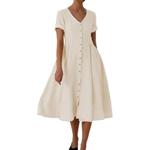 chouyatou Women's Summer Fit and Flare Swing Cotton Dress Casual V-Neck Button Down Beach Midi Dress