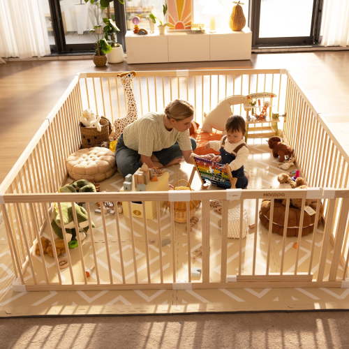 HARPPA Wooden Baby Playpen with Gate, Adjustable Panel Play Yard Fence for Toddlers, 60" x 71.5" x 24"