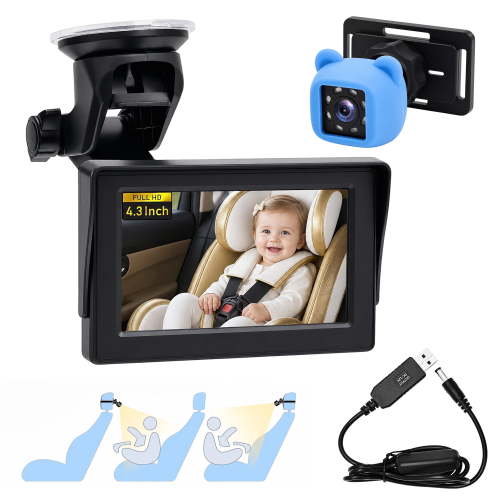 HDJ, Baby Car Camera, 4.3" HD Night Vision Car Mirror Display, Black