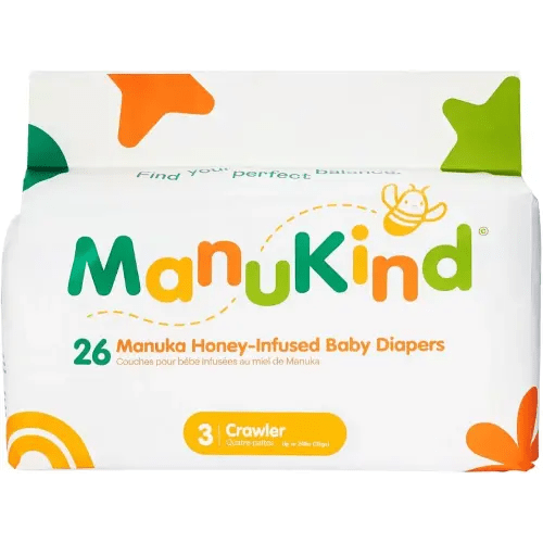 ManuKind Baby Diapers, Manuka Honey Infused, Ultra Soft, Plant-Based Materials, Quick-Dry Comfort, Leak Guard Protection, Size 3 – 26 Diapers