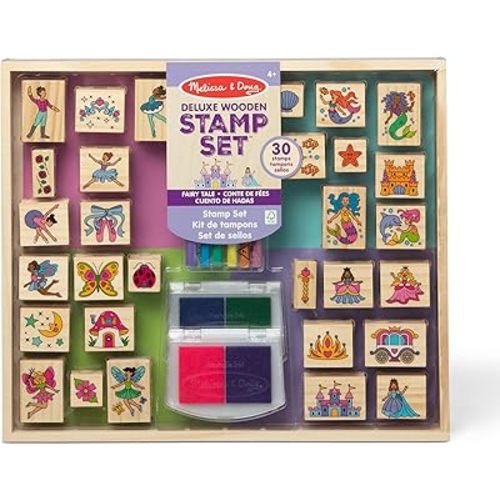 Melissa & Doug Deluxe Wooden Stamp and Coloring Set – Fairy Tale (30 Stamps, 6 Markers, 2 Durable 2-Color Stamp Pads) Fairy Tale-Themed Wooden Stamps for Kids and Coloring Activity Set