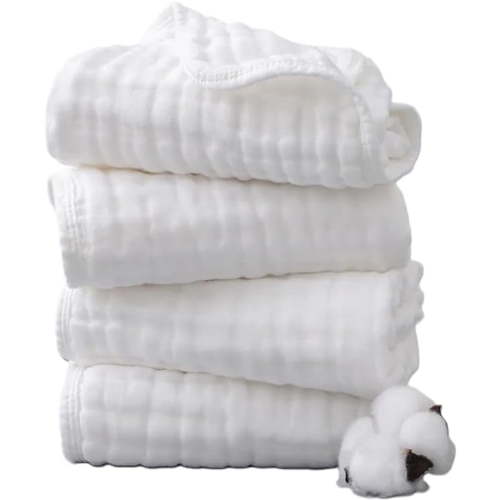 12 x 20inch 100% Pure Cotton 6 Layer Burp Cloths for Baby, 4 Pack Super Soft and Absorbent Burp Cloths, White