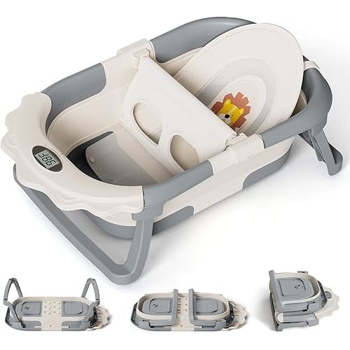 MoreFeel Foldable Baby Bathtub with Thermometer - 4-in-1 Grow-with-Me Collapsible Infant Tub (Newborn to Toddler) with Adjustable Mesh Sling - Space Saving Design