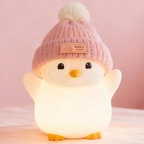 Pink Penguin Night Light for Girls – Squishy Silicone Penguin Lamp with Knit Hat, Rechargeable Dimmable Touch, 20-Min Auto-Off Timer, BPA-Free Cozy Nursery Bedside, Valentine Baby Shower Gift