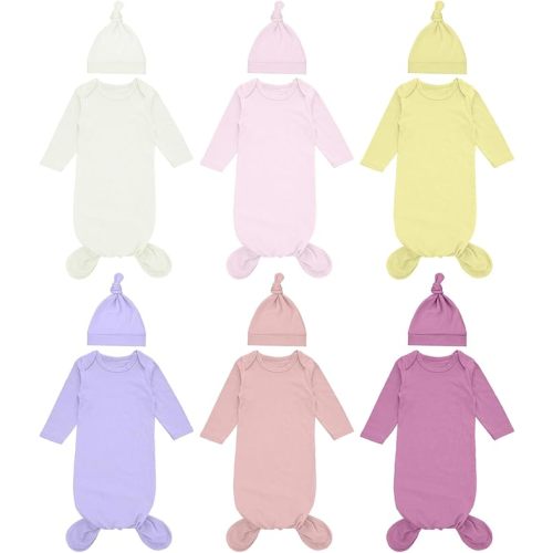 Cuffbow 6 Packs Newborn Baby Knotted Gowns Set 0-6 Months Cotton Sleeper Long Sleeve Nightgown and Hat Set for Infant Baby