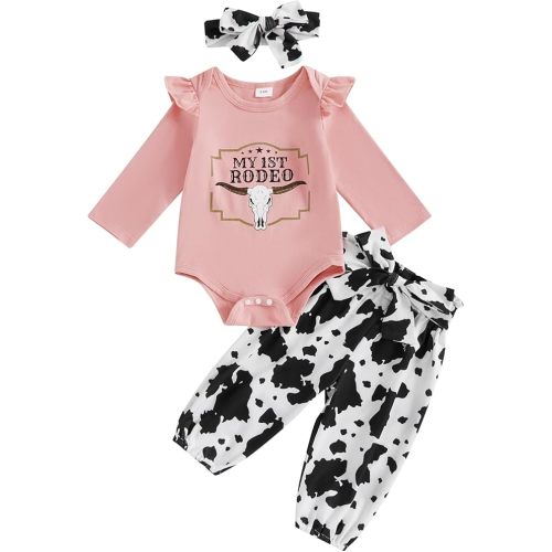 My First Rodeo Baby Girl Outfit Newborn Fall Cowgirl Western Clothes Long Sleeve Romper Bell Bottom Pants 3Pcs Set
