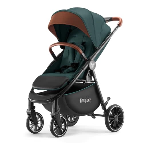 Tinyiota All-Terrain Baby Stroller, 48.5lb Capacity with UPF 50+ Canopy, One-Hand Fold, Microfiber Leather Handle,Near Lie-Flat Mode for Newborn to Toddler(Dark Green)