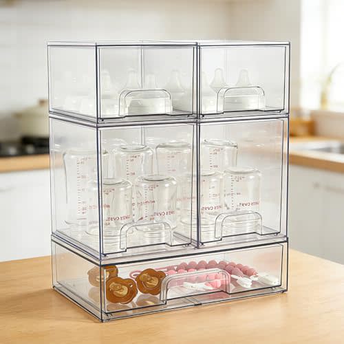 MINMUNJIU Baby Bottle Organizer, 5 Pack Clear Space-Saving Stackable Drawer with Handle, Baby Bottle Storage Organizer for Countertop and Cabinet
