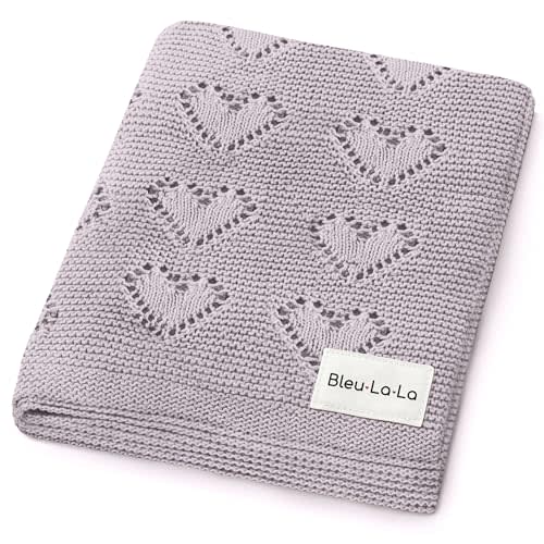 Heirloom Heart Knit Baby Blanket for Girls 100% Cotton Knit Swaddling Baby Blanket - Soft Warm Cozy Swaddle Receiving Cuddle Stroller Blanket for Newborns, Infants, & Toddlers (Lavender)
