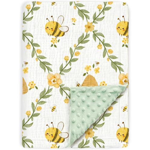 Muslin Baby Blankets for Unisex Boys Girls, Super Soft Nursery Minky Blankets with Muslin Cotton Front and Dotted Fleece Backing for Infant Toddler, 30 x 40 inch (Floral Bees)