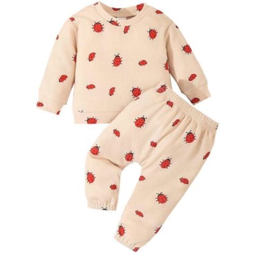 Newborn Baby Girls Ladybug Outfit Set Autumn Ribbed Knit Long Sleeve Crewneck Tops Casual Daily Floral Pants 2Pcs Set