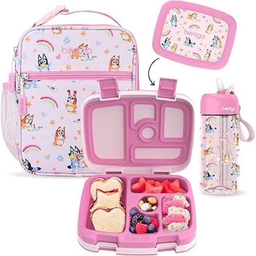 Bentgo + BLUEY 3-Piece Lunchtime Trio Set - Leak-Proof Kids Prints 5-Compartment Bento Lunch Box, Insulated Lightweight Tote Bag, & Durable Bite & Sip Water Bottle Bundle for Age 3+ (Hearts & Crafts)