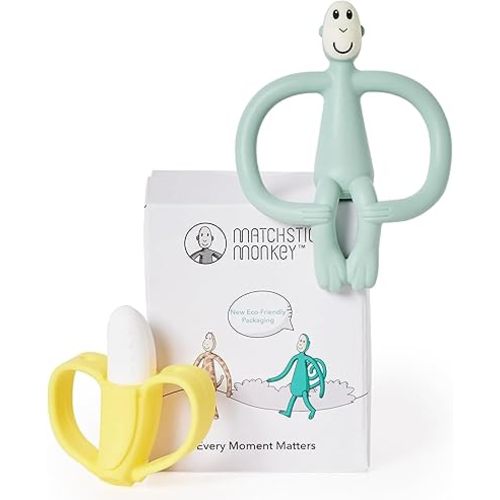 Matchstick Monkey Teething Gift Set for Babies – Includes Banana Soother & Monkey Teether, Easy-to-Grip BPA-Free Silicone for Teething Relief & Oral Development, 3 Months+, Mint Green