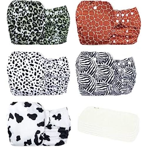 wegreeco Cloth Diapers 5 Pack with 5 Inserts, Washable Cloth Diapers for Babies, One Size Adjustable Reusable (Animal Party)