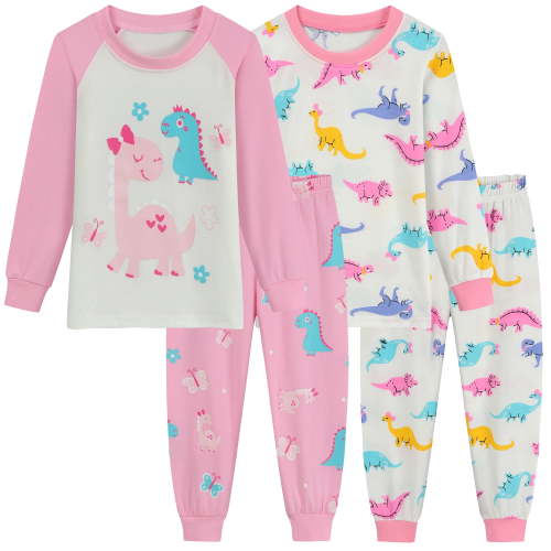 FEDPOP Toddler Girl Dinosaur Pajama 4-Piece Cotton Pjs Sleepwear Sets 3T