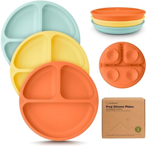 KeaBabies Suction Plates for Baby, Toddler - 3-Pack 100% Silicone Toddler Plates with Suction, Divided, BPA-Free Baby Led Weaning Essentials for Kids, Dishwasher, Microwave Safe, Durable (Amaze)