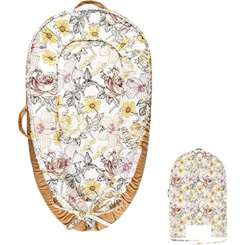 Baby Lounger Pillow Cover for Newborn Girls Boys, HNHUAMING Replaceable Infant Nest Cover, Ultra Soft & Breathable Portable Lounger Slipcover, Floral, Brown (Cover Only)