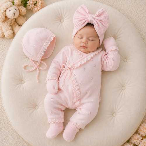 Newborn Knit Romper Bonnet Mittens Socks Set, Organic Cotton Coming Home Outfit
