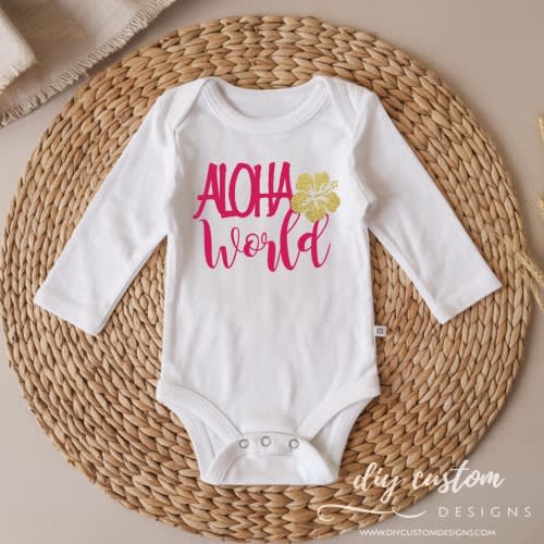 Pink Gold Glitter Aloha World Hibiscus Onesie®, Hawaii Baby Gift
