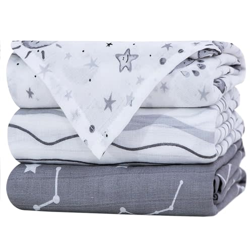 Little Grape Land Muslin Swaddle Blankets 47''x47'' 3 Pack, 100% Cotton Large Size Baby Swaddles for Newborn, Soft Breathable Baby Blankets for Newborns, Stars/Grey