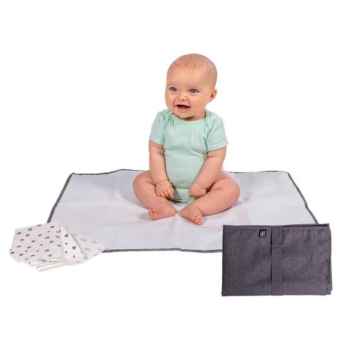 J.L. Childress Healthy Habits Portable Changing Pad Bundle for Babies - Wipeable Diaper Changing Mat for Travel + 3 Disposable Changing Pads, Baby Accessory Essentials, Foldable & Compact - Grey