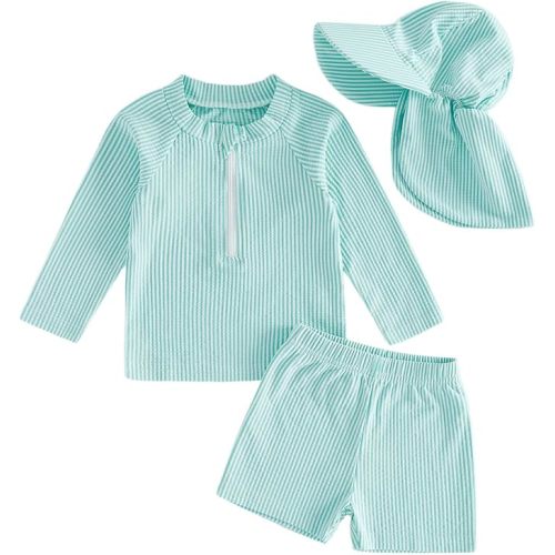 Nibbcoa Toddler Baby Boys Seersucker Long Sleeve Swimsuit Trunks Bathing Suit Swimwear with Hat 3Pcs Rash Guard Set (Light Green, 0-6 Months)