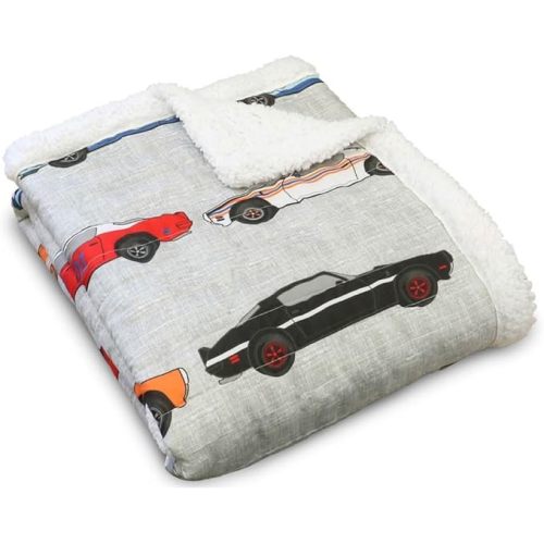 Lush Decor Cars Throw | Fuzzy Reversible Sherpa Blanket with Racing Print Design for Kids-60” x 50, Blue & Orange
