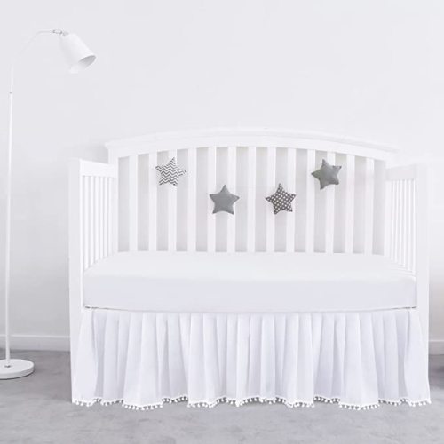 Crib Bed Skirt White for Girls Boys Pleated with Tassel Pompoms Dust Ruffled 14" Drop, Fit All Standard Crib Toddler Bed Skin-Friendly & Soft Machine Washable Nursery Bedding Skirts